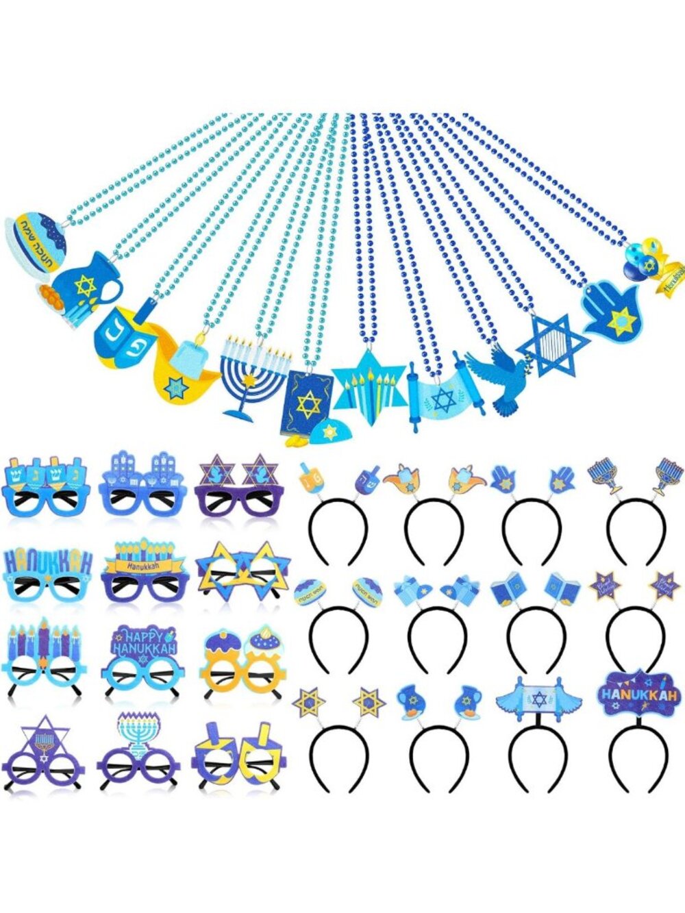 36 Pcs Hanukkah Party Favors - Fun Chanukah Eyeglasses, Headbands & Necklaces